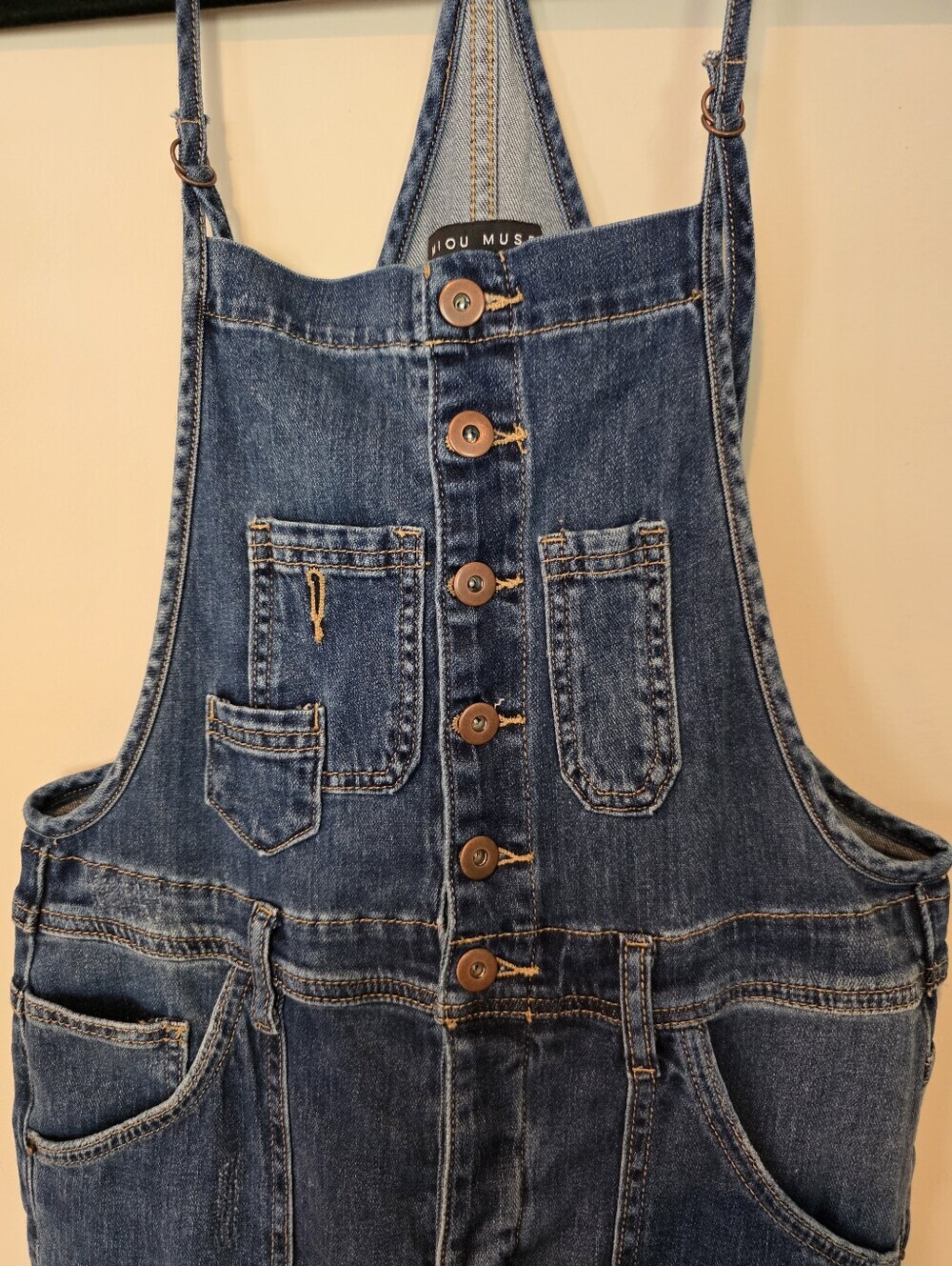 Miou Muse Size Medium Form Fitting Denim Overalls Button Front Bib Medium Wash - Picture 4 of 14